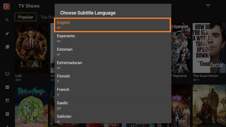 Select the subtitle language