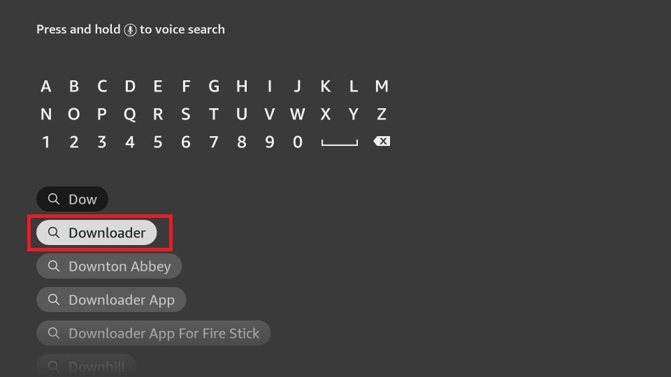 Using the FireStick on-screen keyboard, enter the word Downloader