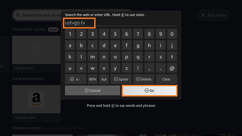 With the on-screen keypad, enter the following URL for USTVGO
