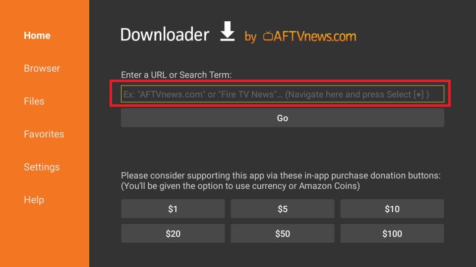 From the Downloader home screen, click the URL Box on the right