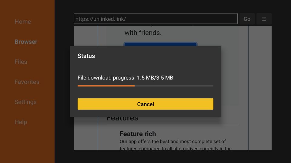 wait while the Downloader app connects to the Unlinked APK server and downloads the APK file on your FireStick