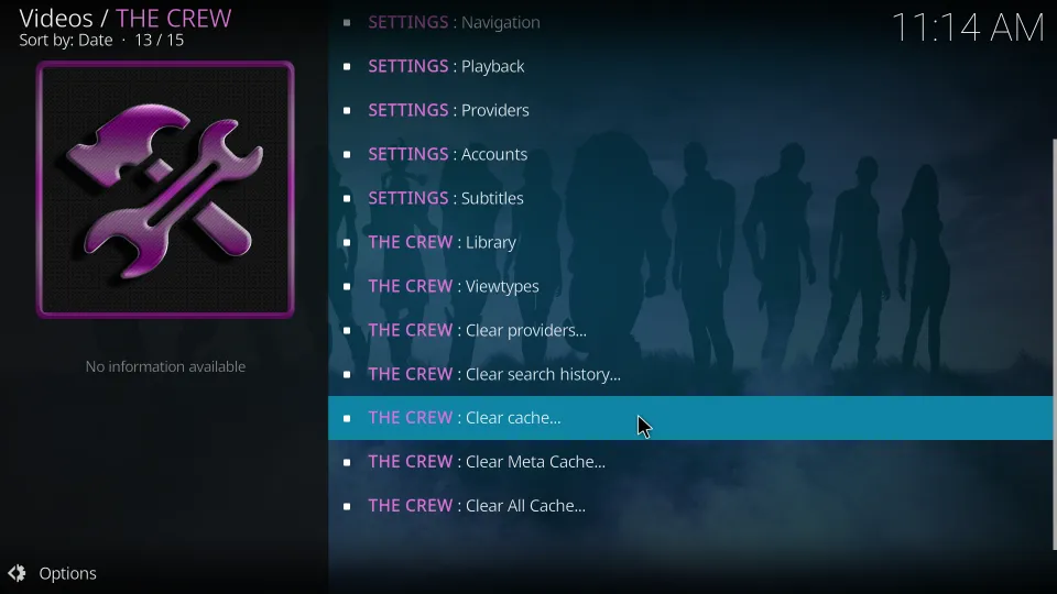 Now, select THE CREW: Clear Cache option to remove the cache of the Crew Kodi add-on