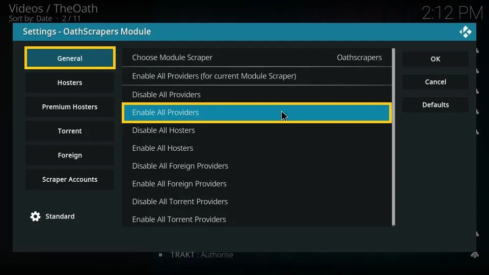 Click on the General button and then, click Enable All Providers