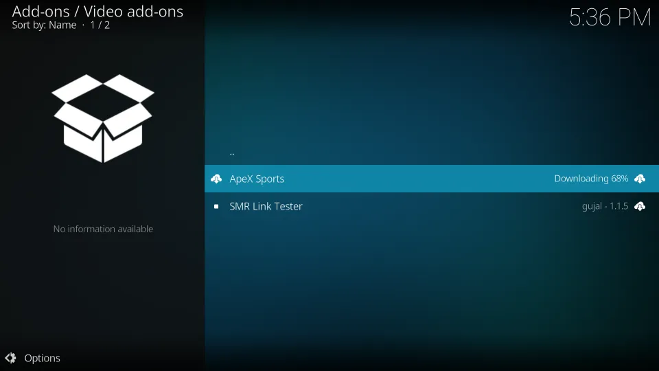 Let ApeX Sports Kodi addon install fully.