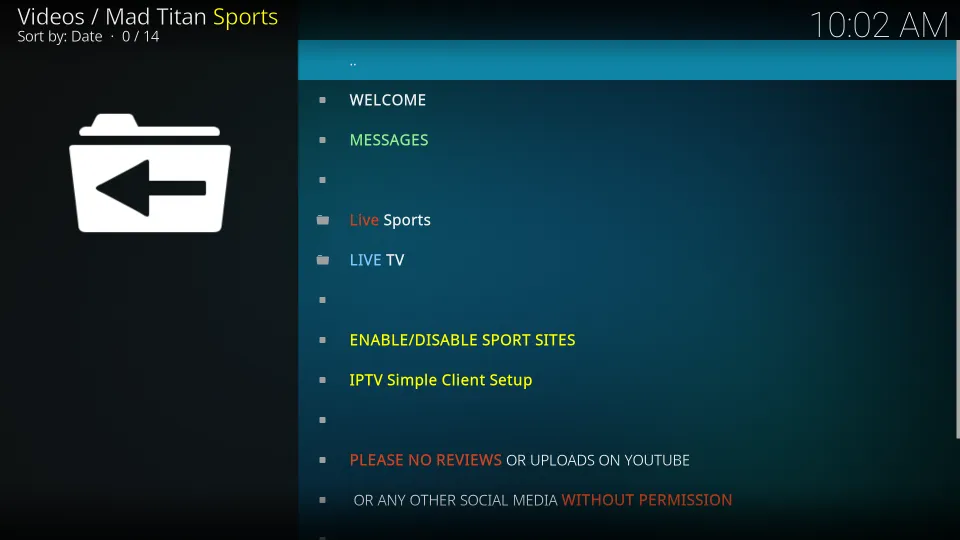 This is the main screen of Mad Titan Sports Kodi add-on: