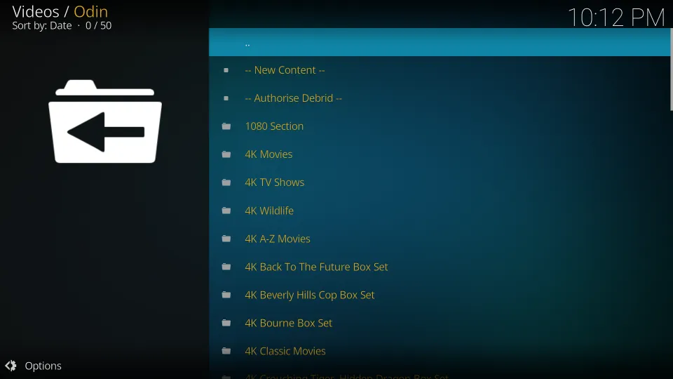 This is the screenshot of the Main Page of Odin Kodi add-on :