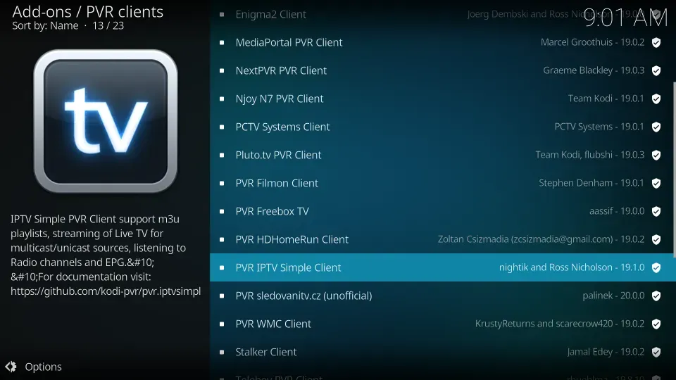 Locate PVR IPTV Simple Client add-on and click it.