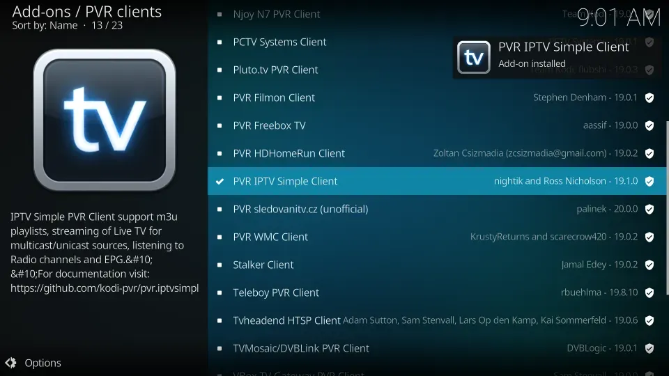 A confirmation notification will appear after the completion of PVR IPTV Simple Client installation.