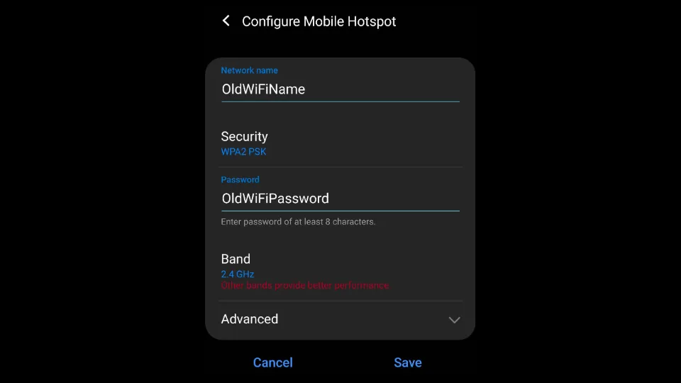 The hotspot SSID/name and password should be the same as your previous Wi-Fi connection