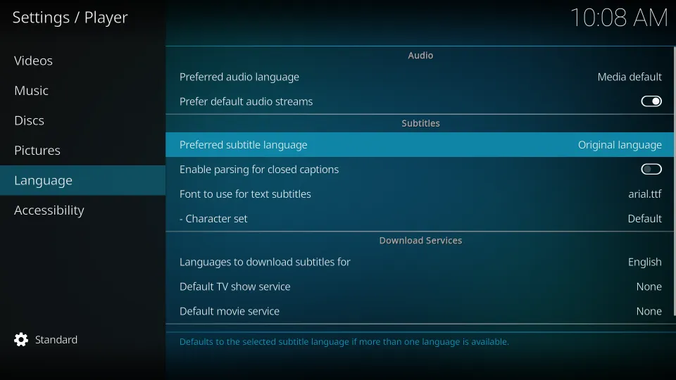 Hit Language from left-side panel. And from right-side panel, click on Preferred subtitle language under Subtitles section and choose your preferred language.