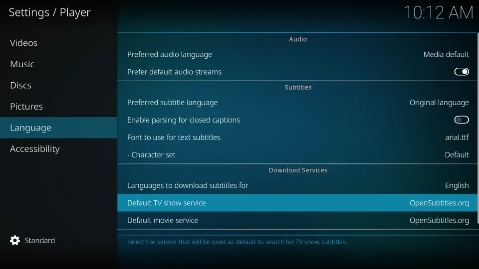 Then, hit Language from left side panel. From right side panel, hit Default TV show service file.