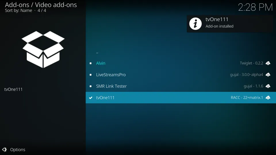 A confirmation notification will appear after the complete installation of TVOne Kodi add-on.