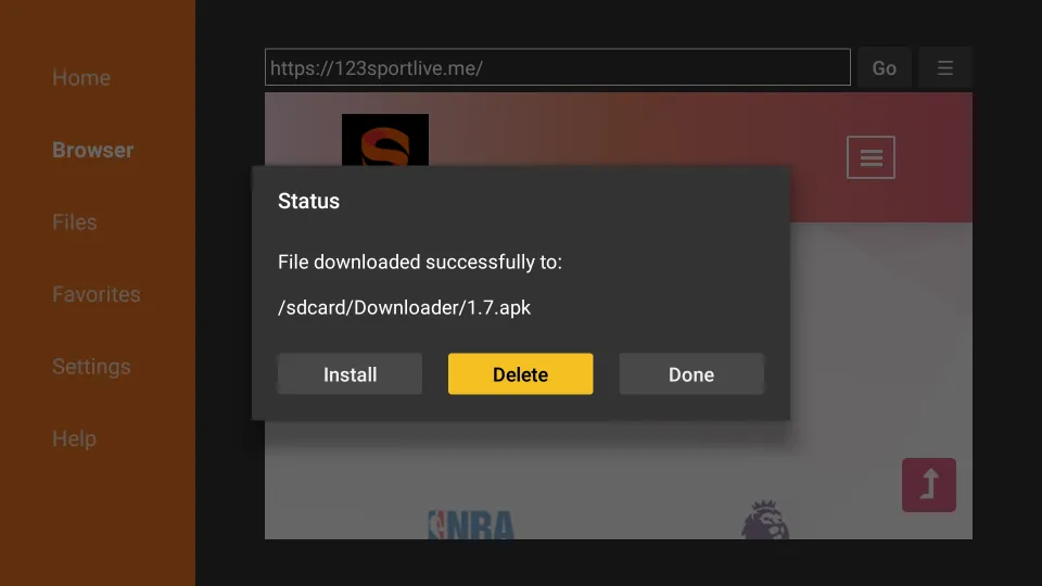 FireStick comes with limited storage, so we are going to delete the APK file that we used to install the 123 Sport Live app. Click Delete