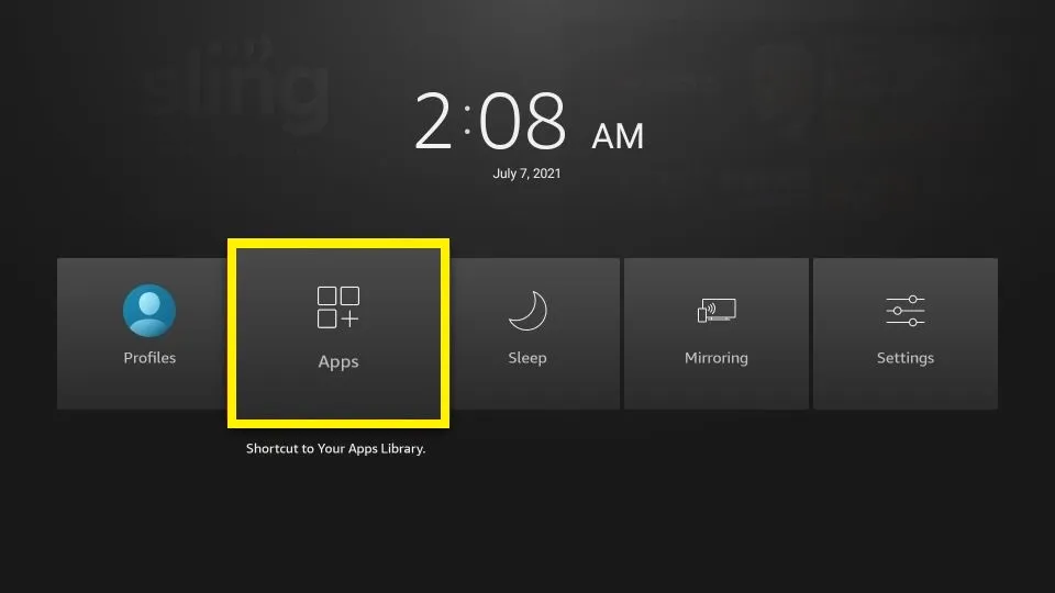 For 5 seconds, press and hold the Home Button on your Amazon FireStick Remote. Now, select Apps