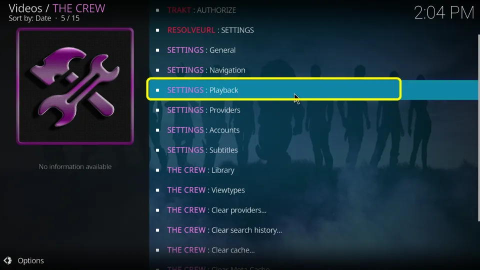 You will see all The Crew addon settings. Hit SETTINGS: Playback.