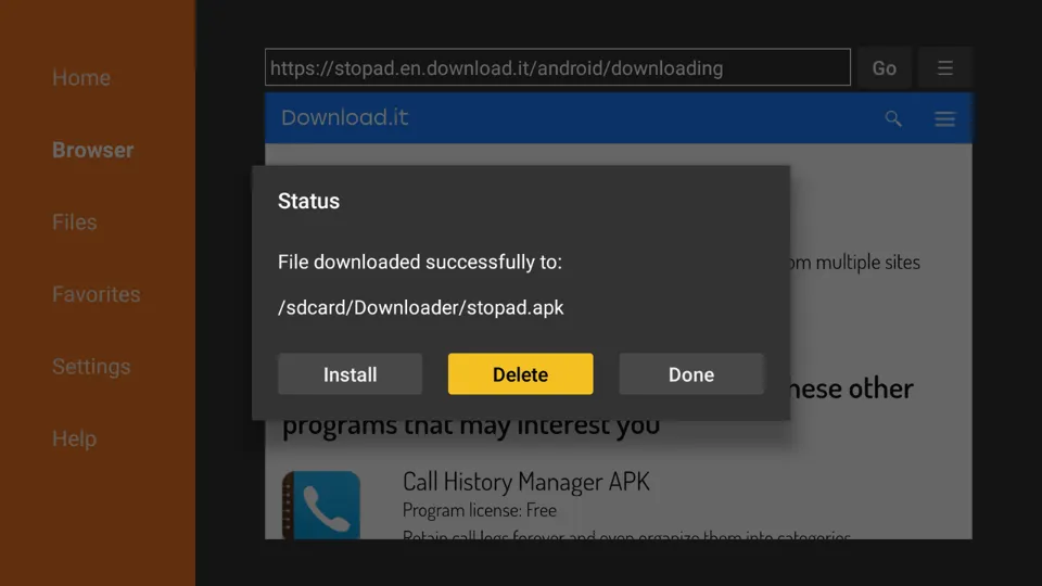 Select Delete for deleting the apk file.