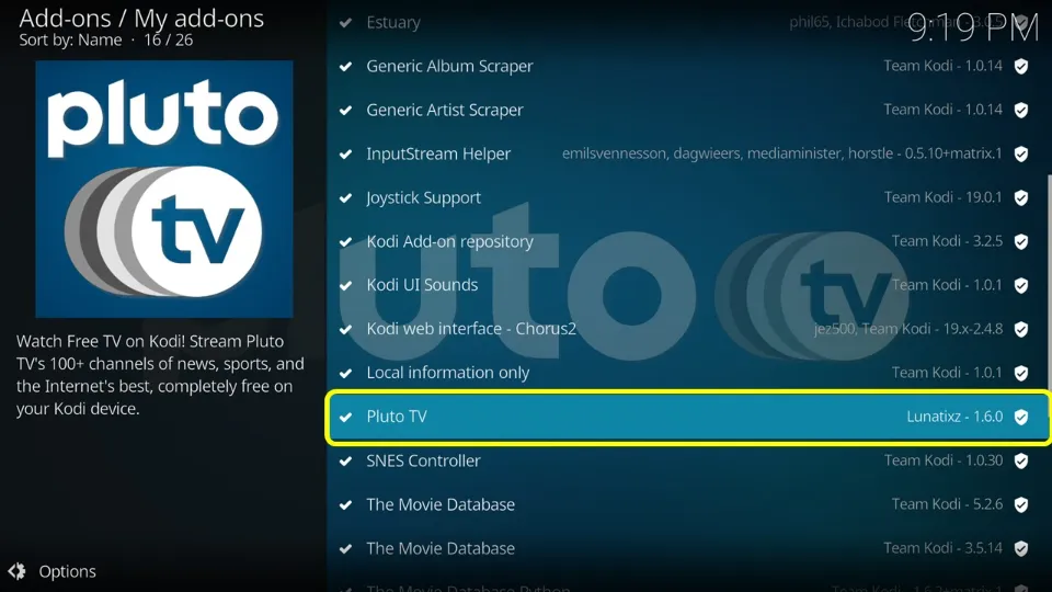 Choose the add-on you want to uninstall and click it. I am choosing Pluto TV here.