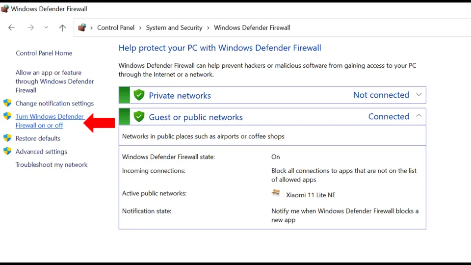 Select Turn Windows Firewall on or off