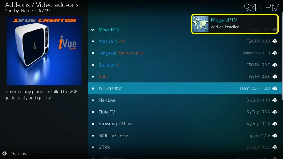 After the installation of Mega IPTV add-on on Kodi is finished, you will recieve a notification.