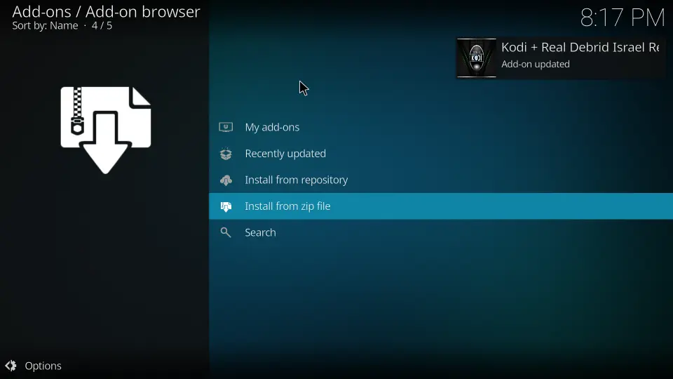 Wait for the "Kodi + Real Debrid Israel Repository installed" message to appear