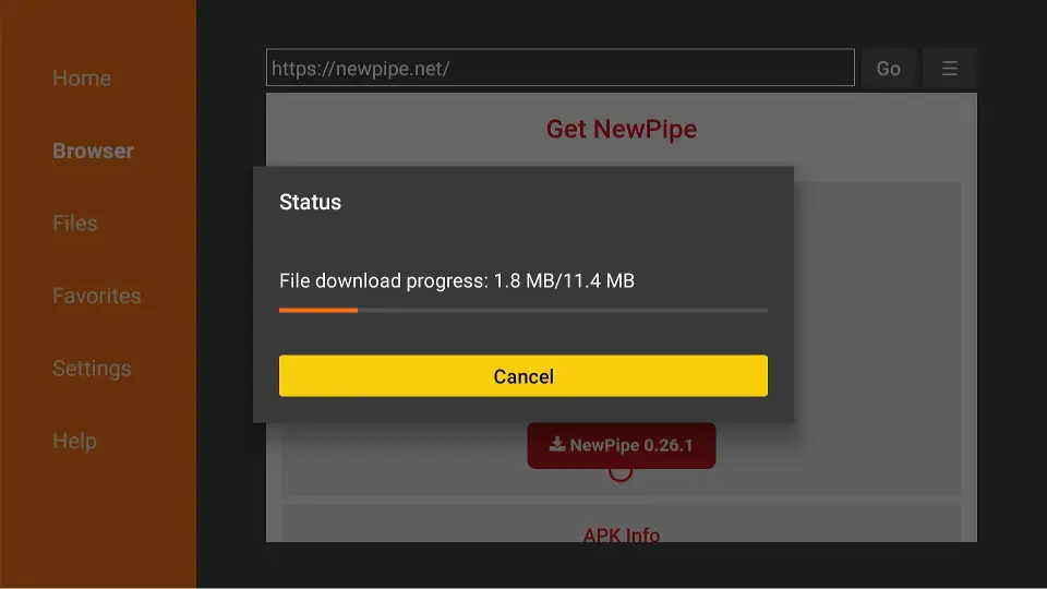 Your FireStick will begin downloading the NewPipe APK file